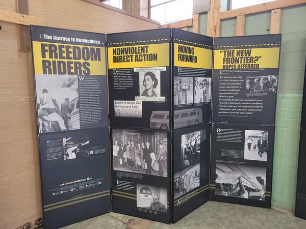 Freedom Riders exhibit panels: The Journey to Nonviolence, with sections on Freedom Riders, Nonviolent Direct Action, and Moving Forward