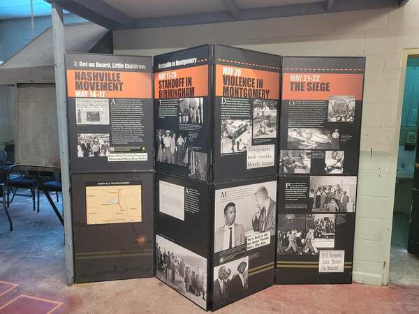 Freedom Riders exhibit panels: Nashville Movement, Standoff in Birmingham, Violence in Montgomery, The Siege