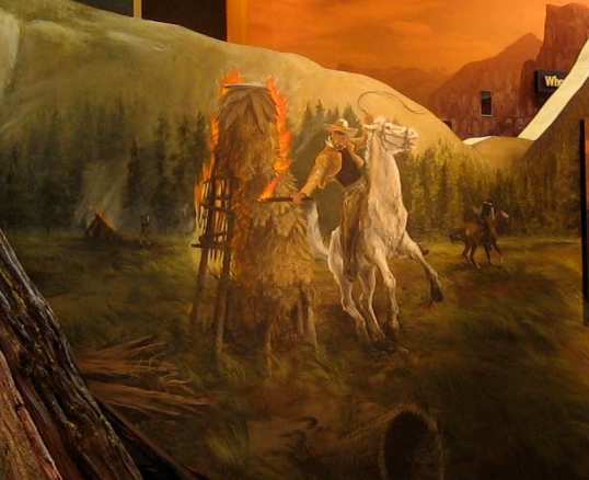 Yosemite mural depicting the Mariposa Battalion burning a Native American storage granary in 1851