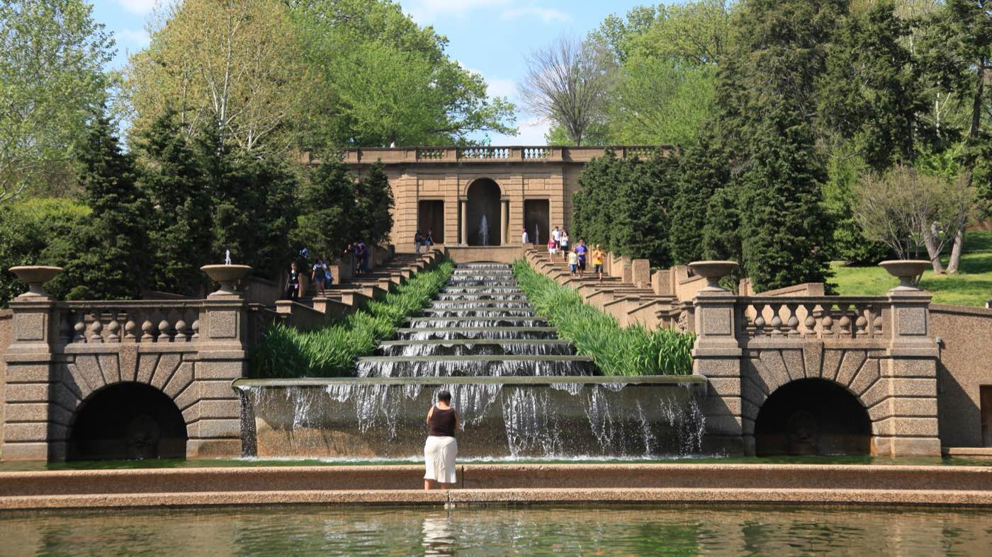 Visitors by the fountains at Meridian Hill Park