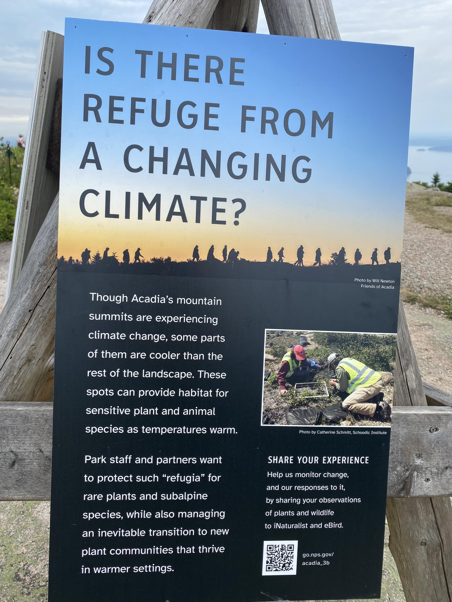 Acadia National Park sign reading Is There Refuge From A Changing Climate, confirmed removed