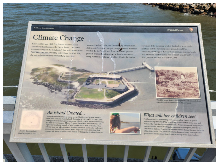 Before: Fort Sumter Climate Change interpretive sign showing sea level rise data and aerial photo of the fort