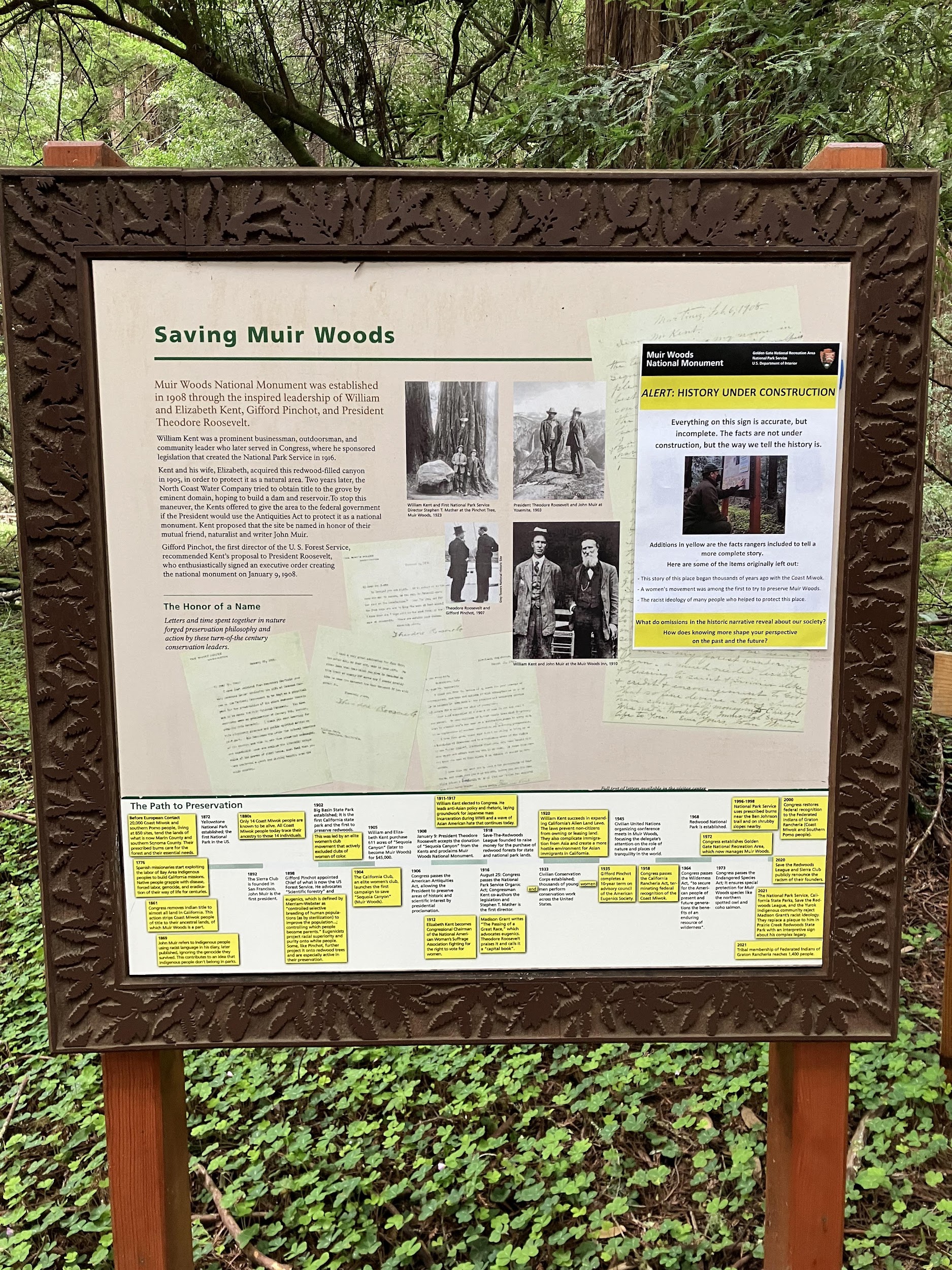 Saving Muir Woods sign with yellow sticky note annotations